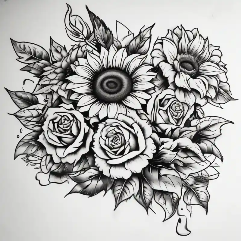 old school style Idées de tatouages de manches florales en 2025 about sunflower and roses  floral sleeve tattoo hello kitty tattoo and sunflower and roses  floral sleeve tattoo hello kitty tattoo